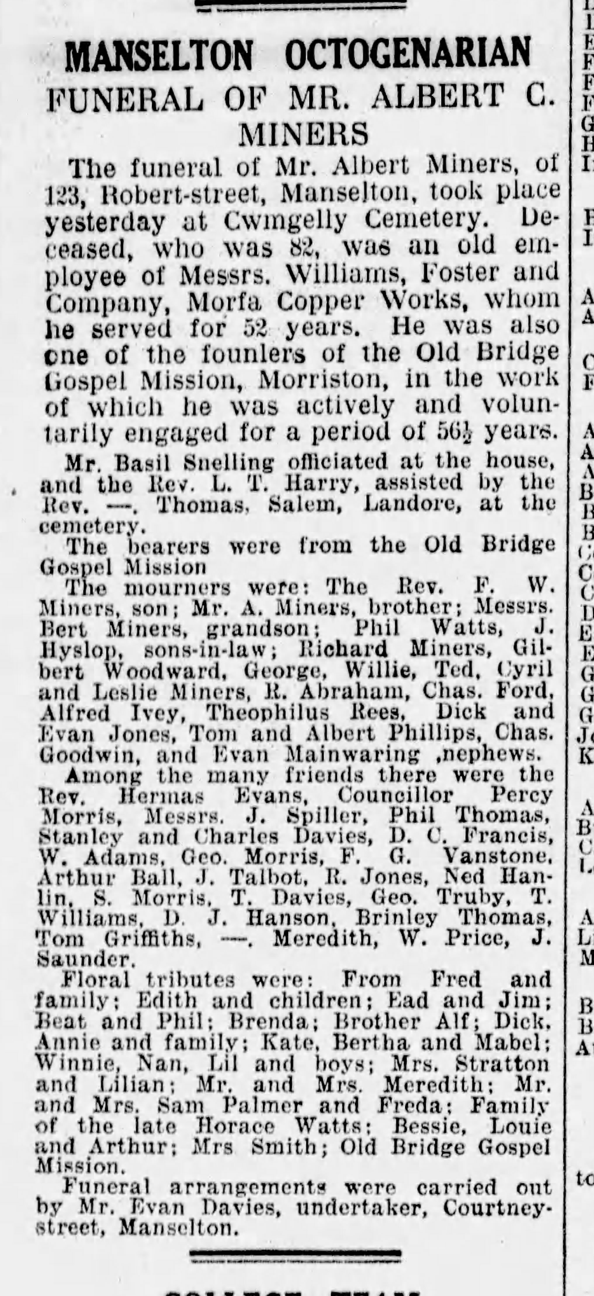 Newspaper funeral report, Albert C. Miners, Manselton Octogenarian, Swansea 1935